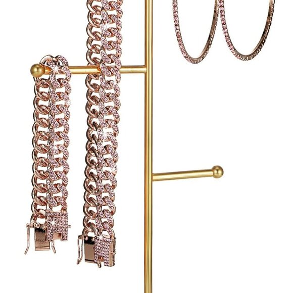 Cuban Link Chain Zinc Alloy Rhinestone Jewelry Set Necklace Bracelet Earrings Wo - Picture 3 of 6